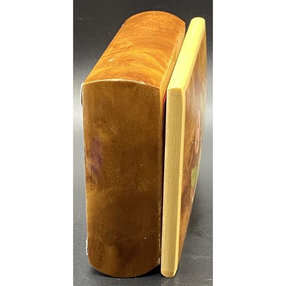 Burl Wood Laquered Trinket Box Floral Pink Yellow Flowers Velvet Hinged Lid - Picture 9 of 16